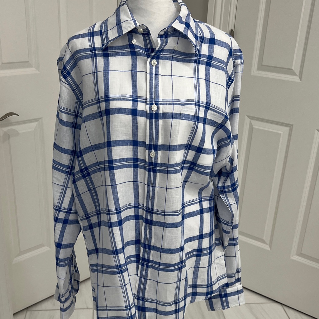Brooks Brothers Blue And White Plaid Linen Shirt. Regent Fit
